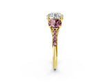 Yellow gold Three-Stone Round Cut Diamond Ring with Round with Morganite side stone Pavé Band and Prong Setting_2