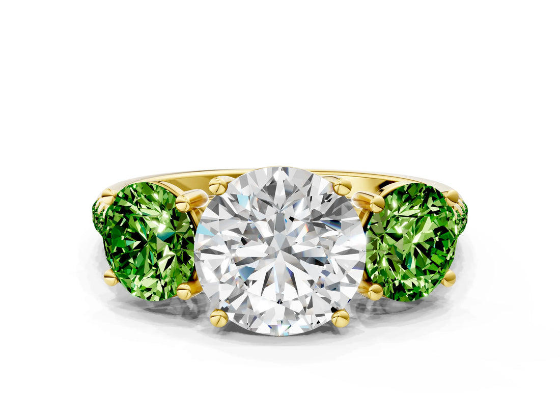 Yellow gold Three-Stone Round Cut Diamond Ring with Round with Peridot side stone Pavé Band and Prong Setting