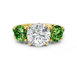 Yellow gold Three-Stone Round Cut Diamond Ring with Round with Peridot side stone Pavé Band and Prong Setting