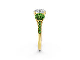 Yellow gold Three-Stone Round Cut Diamond Ring with Round with Peridot side stone Pavé Band and Prong Setting_2
