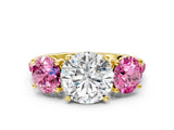 Yellow gold Three-Stone Round Cut Diamond Ring with Round with Pink Sapphire side stone Pavé Band and Prong Setting