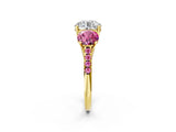 Yellow gold Three-Stone Round Cut Diamond Ring with Round with Pink Sapphire side stone Pavé Band and Prong Setting_2