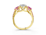 Yellow gold Three-Stone Round Cut Diamond Ring with Round with Pink Sapphire side stone Pavé Band and Prong Setting_3