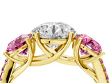 Yellow gold Three-Stone Round Cut Diamond Ring with Round with Pink Sapphire side stone Pavé Band and Prong Setting_4