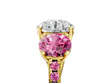 Yellow gold Three-Stone Round Cut Diamond Ring with Round with Pink Sapphire side stone Pavé Band and Prong Setting_5