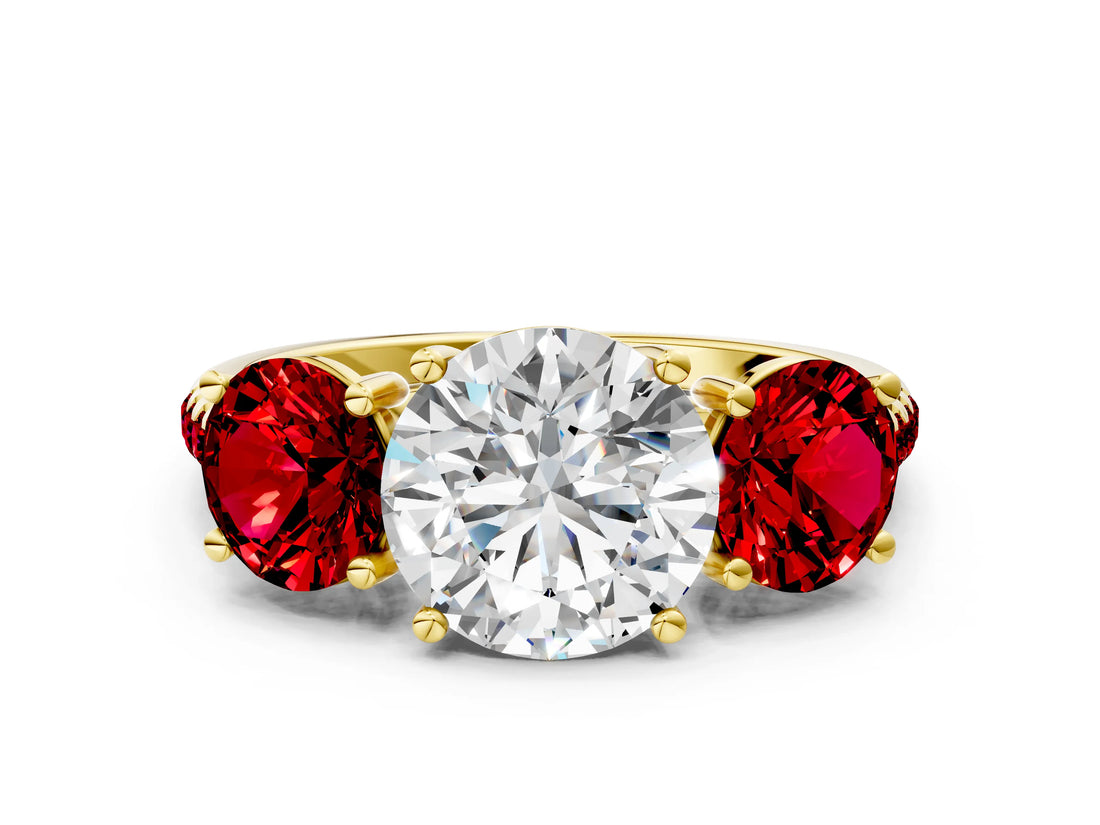 Yellow gold Three-Stone Round Cut Diamond Ring with Round with Ruby side stone Pavé Band and Prong Setting