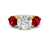 Yellow gold Three-Stone Round Cut Diamond Ring with Round with Ruby side stone Pavé Band and Prong Setting