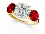 Yellow gold Three-Stone Round Cut Diamond Ring with Round with Ruby side stone Pavé Band and Prong Setting_1