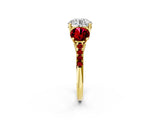 Yellow gold Three-Stone Round Cut Diamond Ring with Round with Ruby side stone Pavé Band and Prong Setting_2