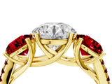 Yellow gold Three-Stone Round Cut Diamond Ring with Round with Ruby side stone Pavé Band and Prong Setting_4