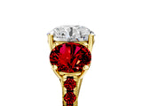 Yellow gold Three-Stone Round Cut Diamond Ring with Round with Ruby side stone Pavé Band and Prong Setting_5