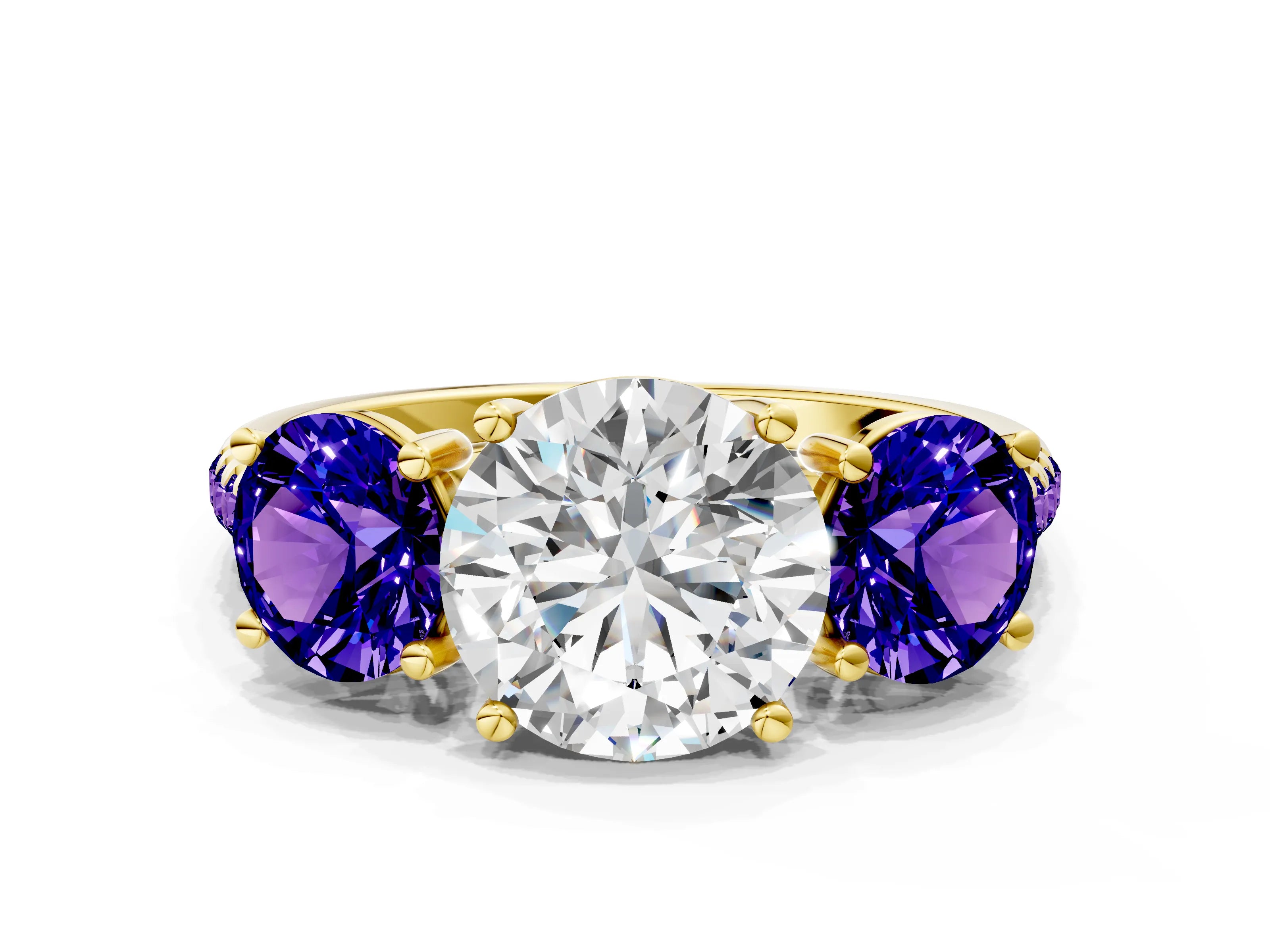 Yellow gold Three-Stone Round Cut Diamond Ring with Round with Tanzanite side stone Pavé Band and Prong Setting