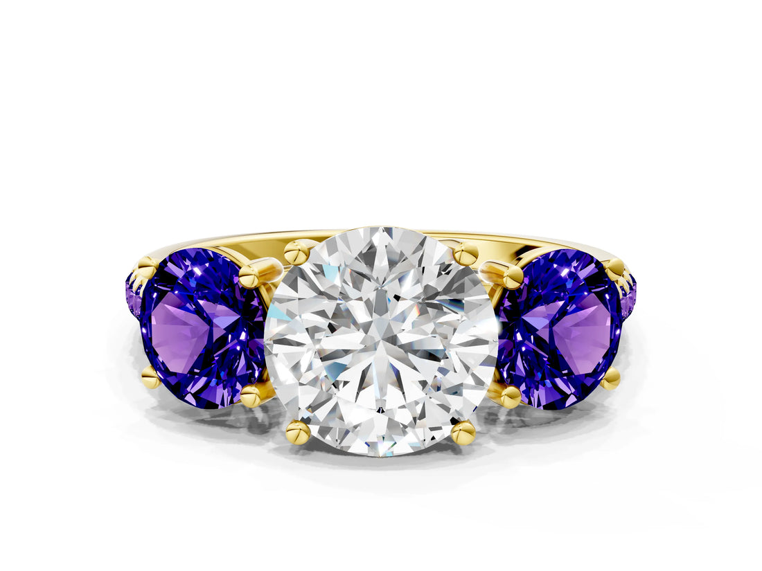 Yellow gold Three-Stone Round Cut Diamond Ring with Round with Tanzanite side stone Pavé Band and Prong Setting