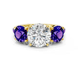 Yellow gold Three-Stone Round Cut Diamond Ring with Round with Tanzanite side stone Pavé Band and Prong Setting
