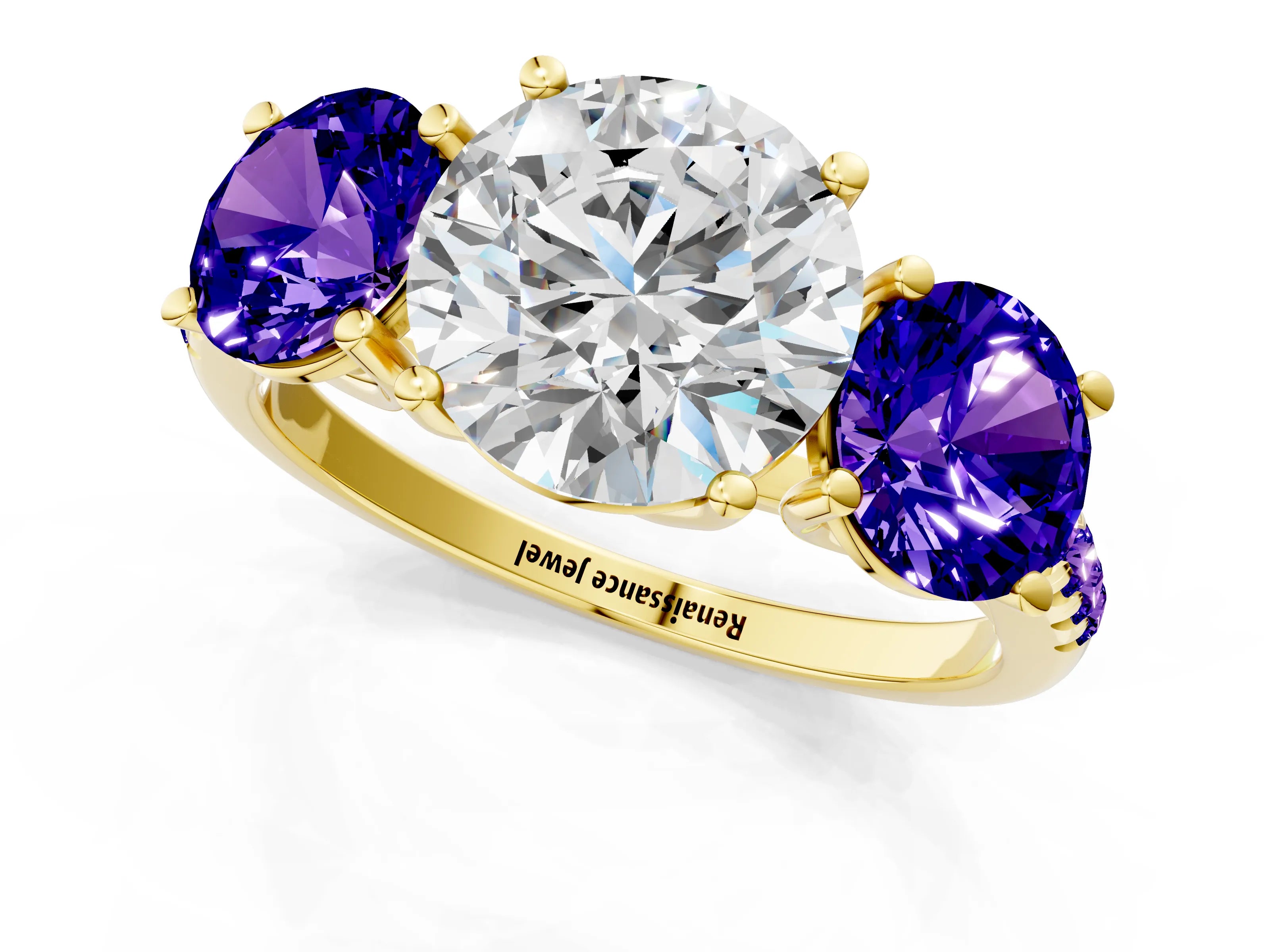 Yellow gold Three-Stone Round Cut Diamond Ring with Round with Tanzanite side stone Pavé Band and Prong Setting_1
