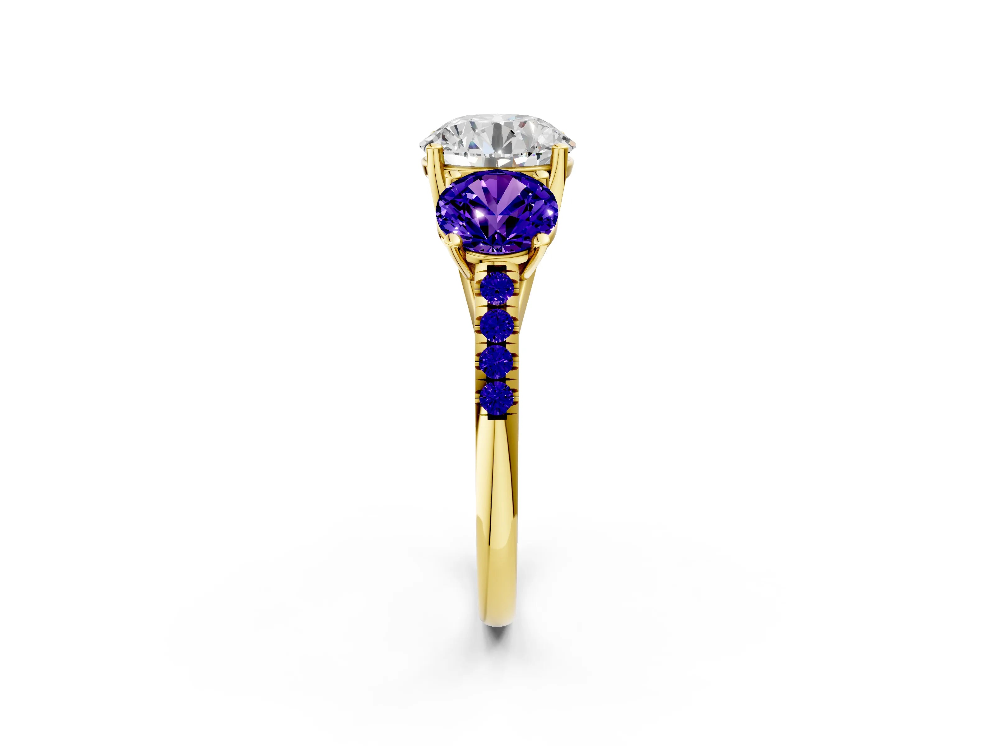 Yellow gold Three-Stone Round Cut Diamond Ring with Round with Tanzanite side stone Pavé Band and Prong Setting_2