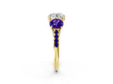 Yellow gold Three-Stone Round Cut Diamond Ring with Round with Tanzanite side stone Pavé Band and Prong Setting_2