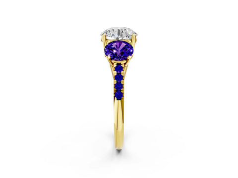 Yellow gold Three-Stone Round Cut Diamond Ring with Round with Tanzanite side stone Pavé Band and Prong Setting_2