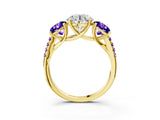 Yellow gold Three-Stone Round Cut Diamond Ring with Round with Tanzanite side stone Pavé Band and Prong Setting_3