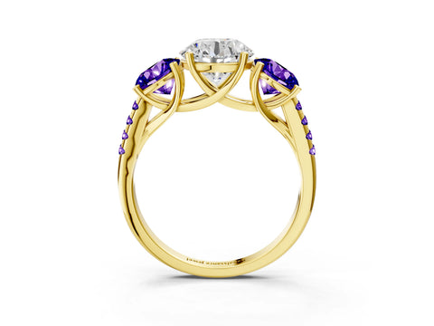 Yellow gold Three-Stone Round Cut Diamond Ring with Round with Tanzanite side stone Pavé Band and Prong Setting_3