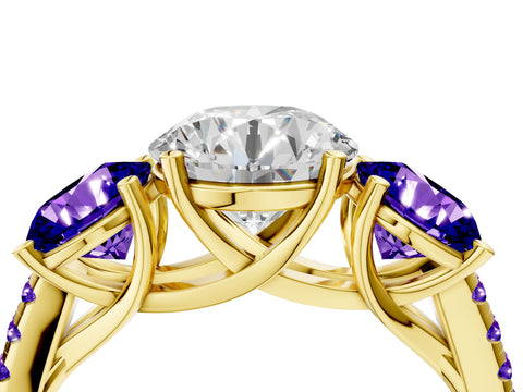 Yellow gold Three-Stone Round Cut Diamond Ring with Round with Tanzanite side stone Pavé Band and Prong Setting_4