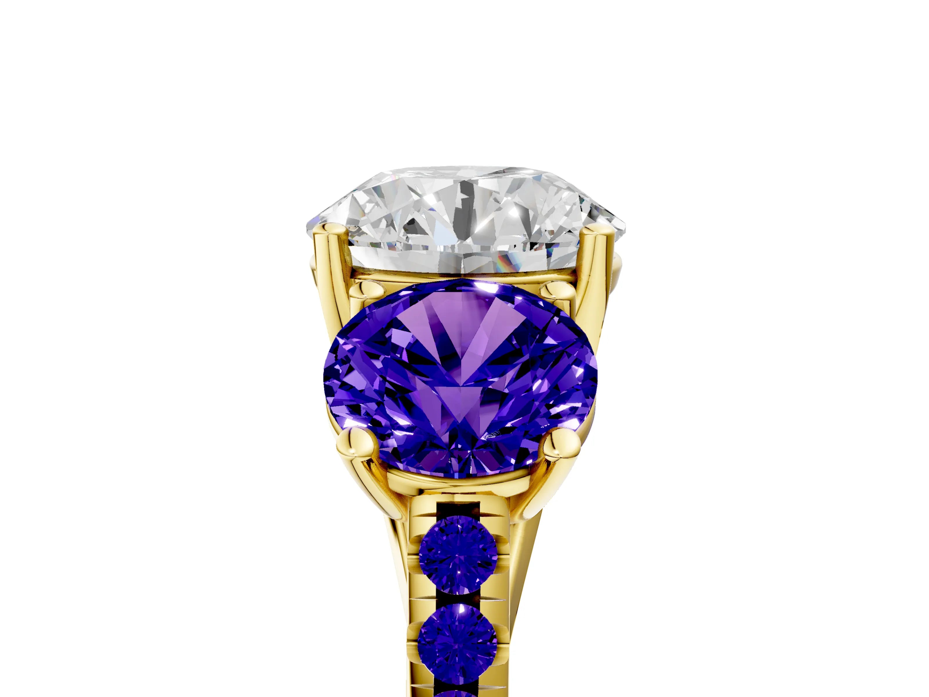 Yellow gold Three-Stone Round Cut Diamond Ring with Round with Tanzanite side stone Pavé Band and Prong Setting_5
