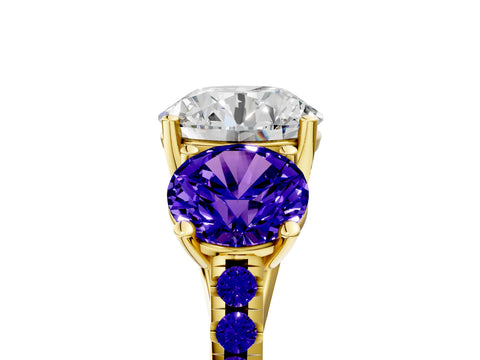 Yellow gold Three-Stone Round Cut Diamond Ring with Round with Tanzanite side stone Pavé Band and Prong Setting_5