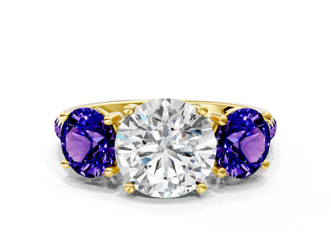 Yellow gold Three-Stone Round Cut Diamond Ring with Round with Tanzanite side stone Pavé Band and Prong Setting