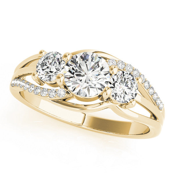 Yellow Gold Round Three Stone Engagement Ring Setting with Matching Sides and Pave Split Shank