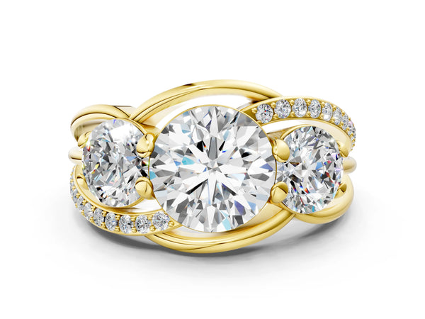 Yellow Gold Round Three Stone Engagement Ring Setting with Matching Sides and Pave Split Shank