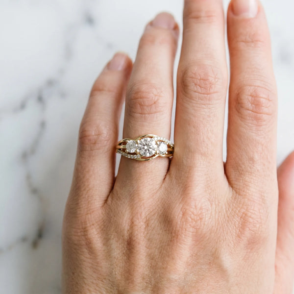 Yellow Gold Round Three Stone Engagement Ring Setting with Matching Sides and Pave Split Shank