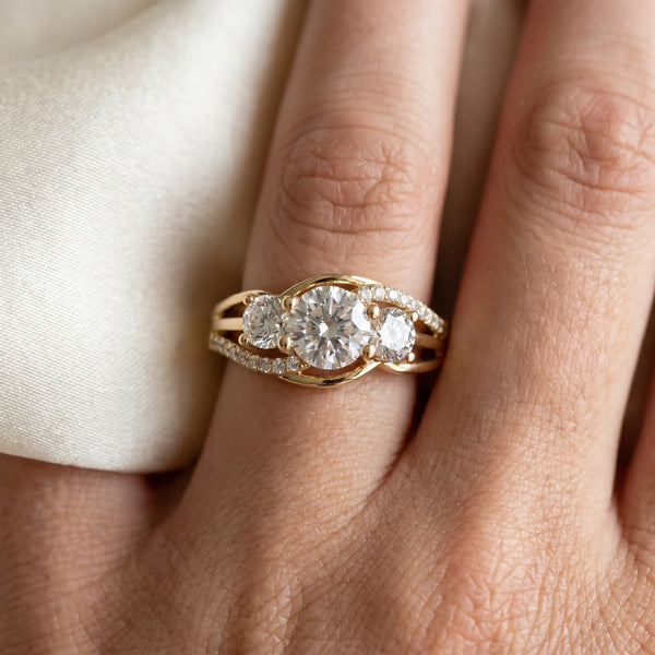 Yellow Gold Round Three Stone Engagement Ring Setting with Matching Sides and Pave Split Shank
