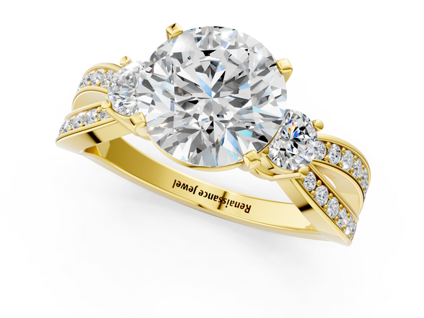 Yellow Gold Round Three Stone Engagement Ring Setting with Graduated Pave Split Twist Band