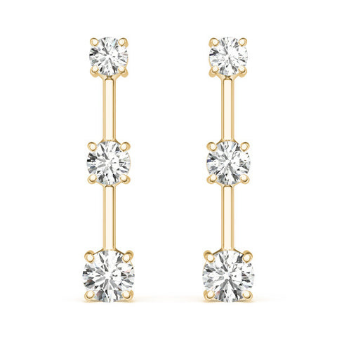 Yellow gold Three-Stone Round Cut Drop Earrings with Prong Setting 2