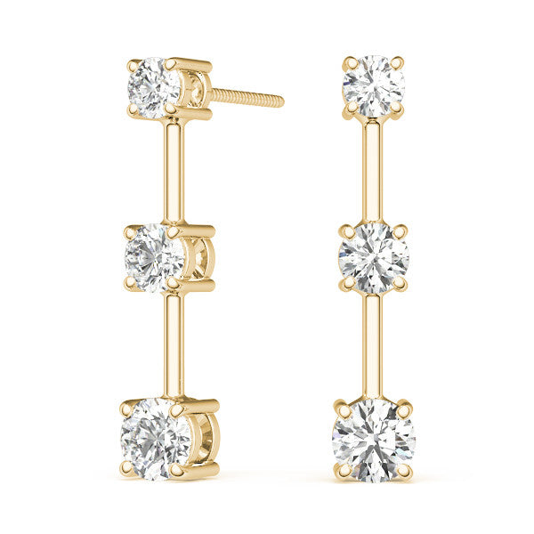 Yellow gold Three-Stone Round Cut Drop Earrings with Prong Setting