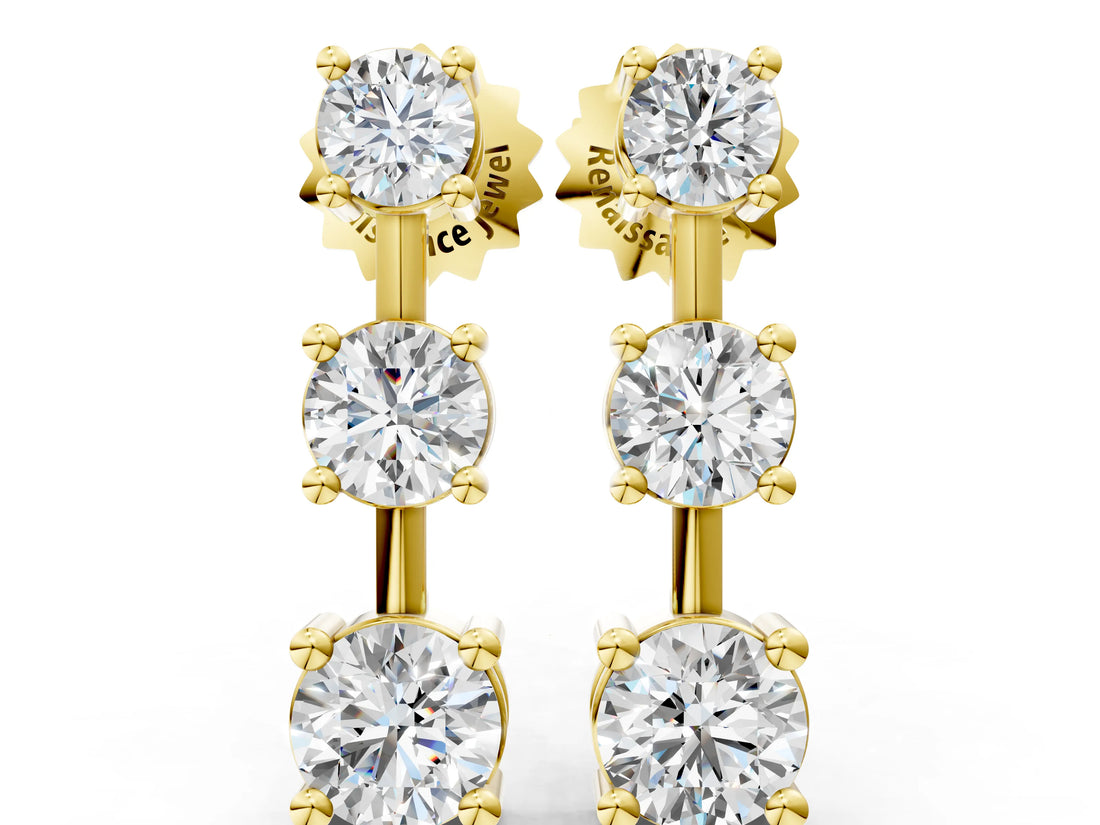 Yellow gold Three-Stone Round Cut Drop Earrings with Prong Setting_15