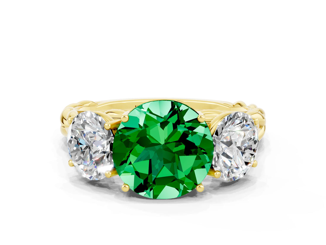 Yellow gold Three-Stone Round Cut Emerald Braided Band Ring with Four-Prong Setting_12