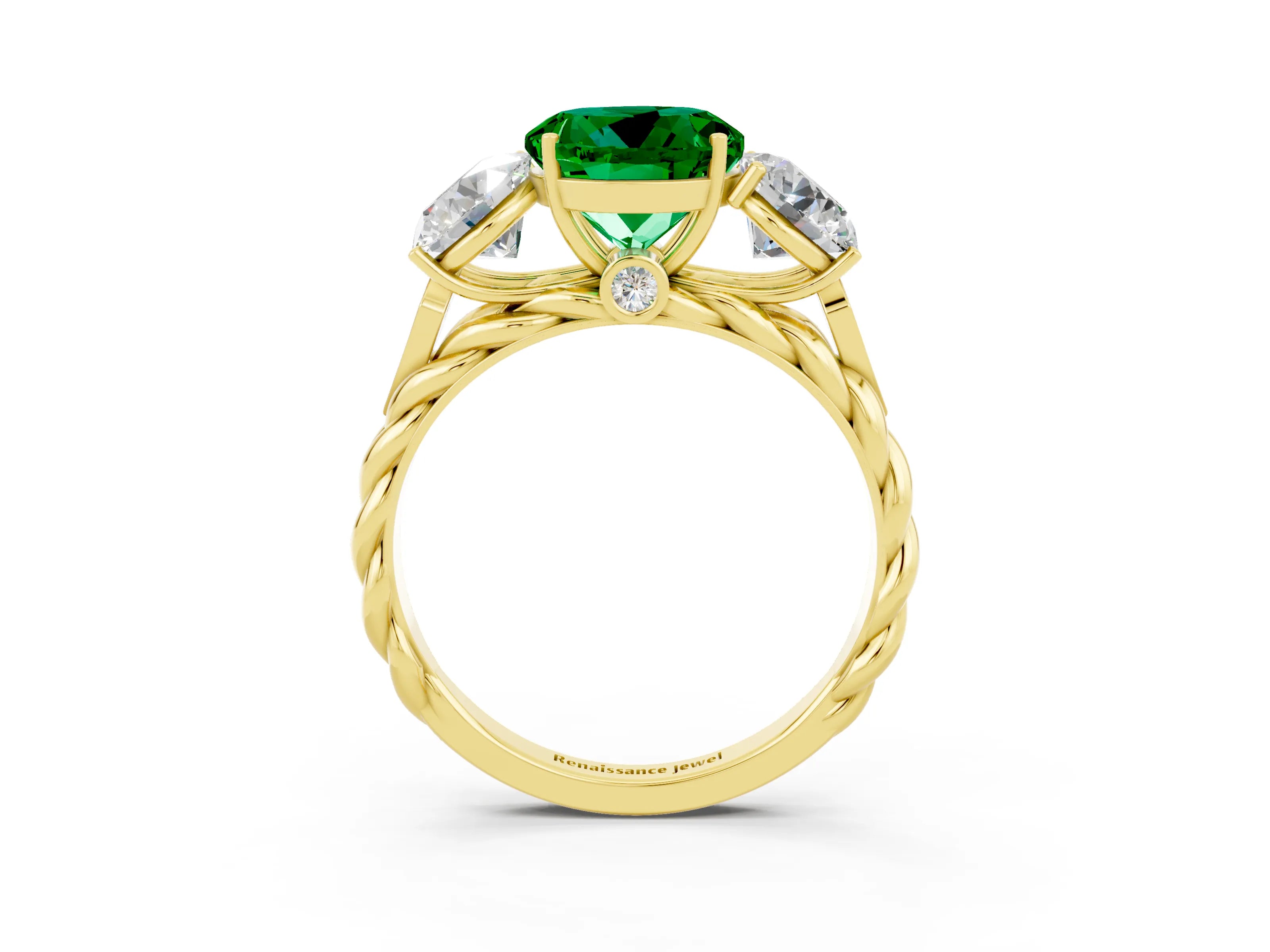 Yellow gold Three-Stone Round Cut Emerald Braided Band Ring with Four-Prong Setting_15