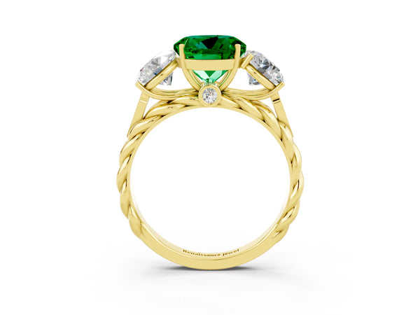 Yellow gold Three-Stone Round Cut Emerald Braided Band Ring with Four-Prong Setting