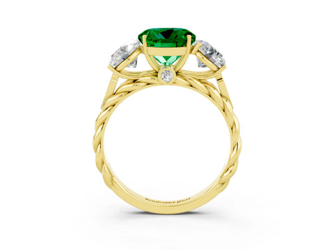Yellow gold Three-Stone Round Cut Emerald Braided Band Ring with Four-Prong Setting_15