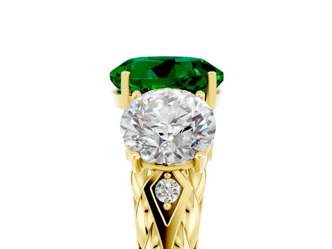 Yellow gold Three-Stone Round Cut Emerald Braided Band Ring with Four-Prong Setting_17