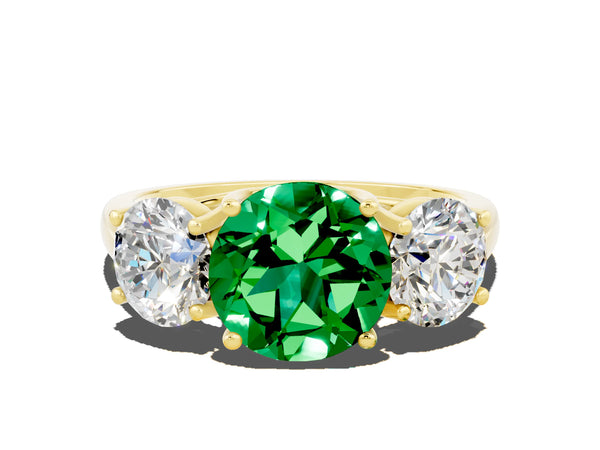 Yellow gold Three-Stone Round Cut Emerald Engagement Ring with Prong Setting