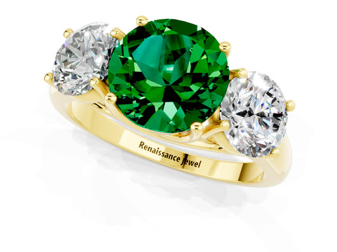 Yellow gold Three-Stone Round Cut Emerald Engagement Ring with Prong Setting_1