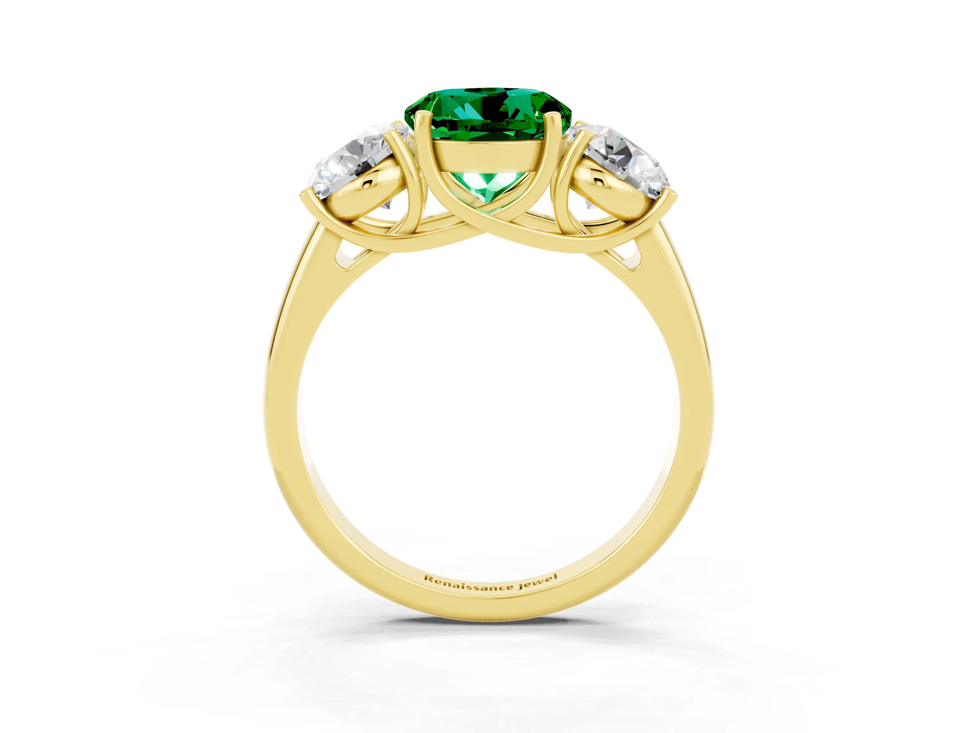 Yellow gold Three-Stone Round Cut Emerald Engagement Ring with Prong Setting_3