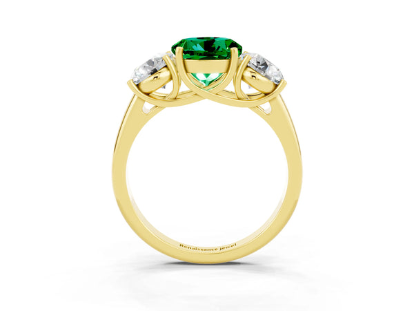 Yellow gold Three-Stone Round Cut Emerald Engagement Ring with Prong Setting