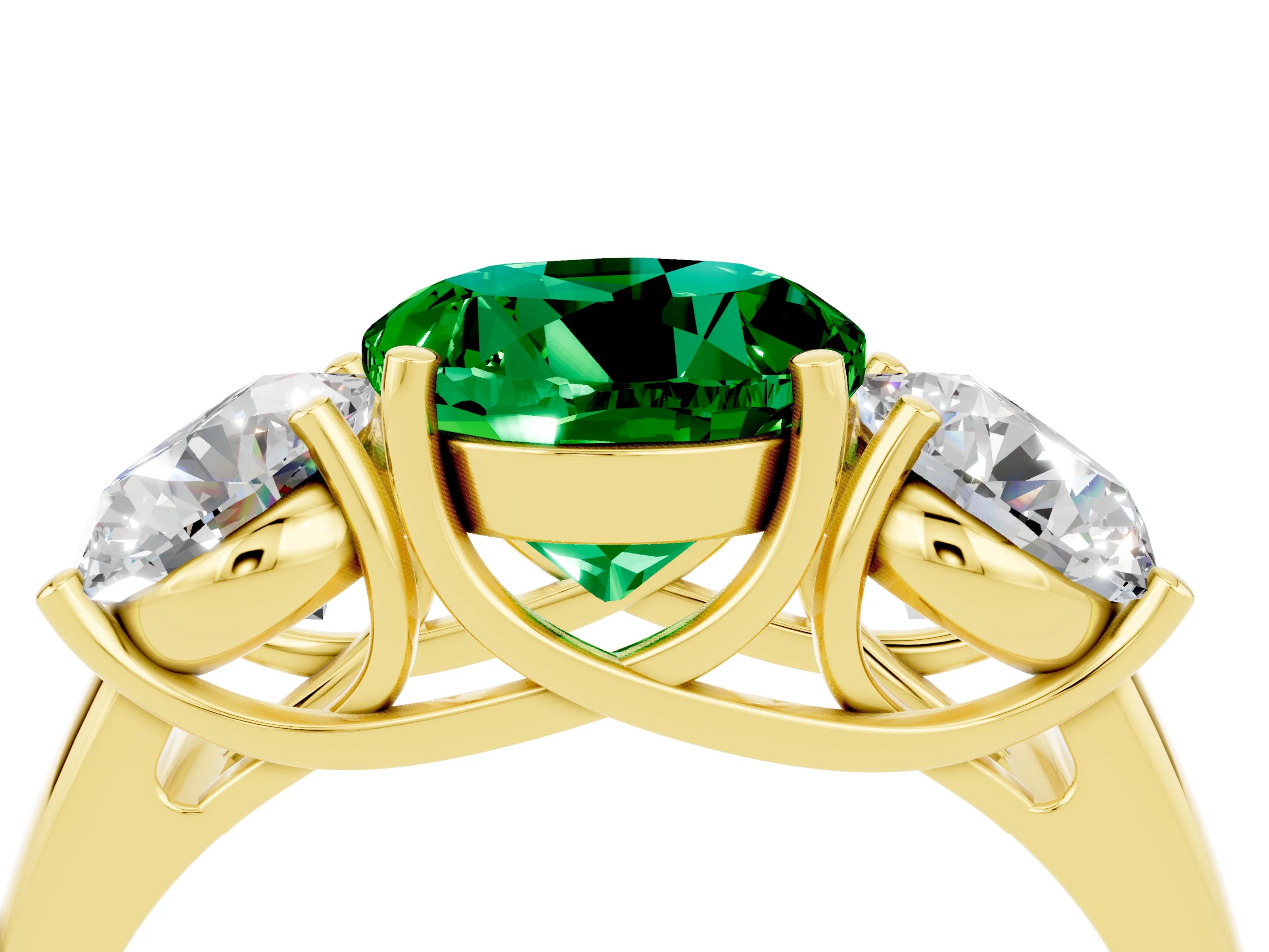 Yellow gold Three-Stone Round Cut Emerald Engagement Ring with Prong Setting_4