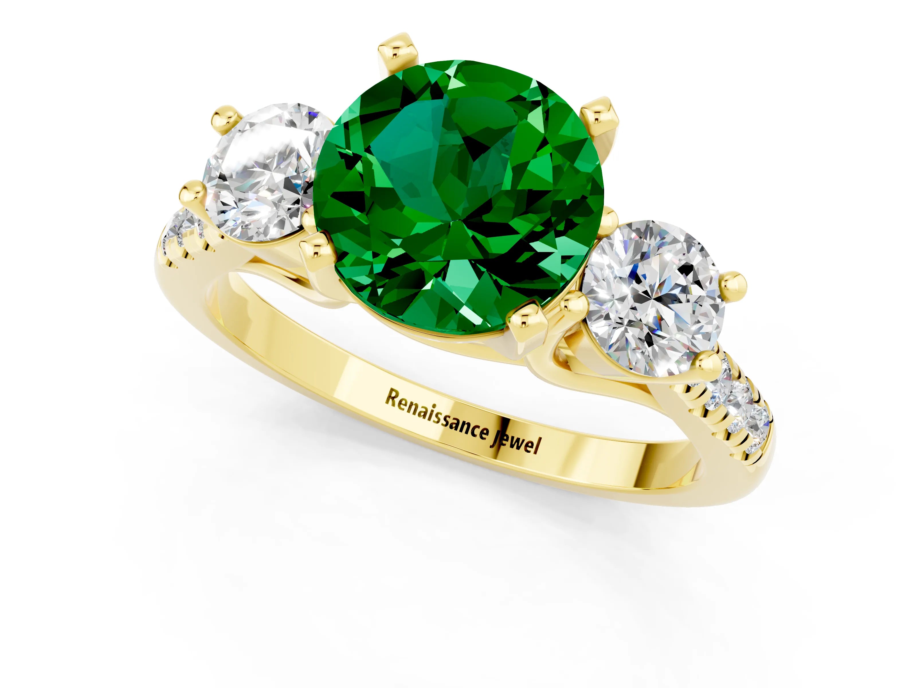 Yellow gold Three-Stone Round Cut Emerald Pavé Band with Four-Prong Setting_1