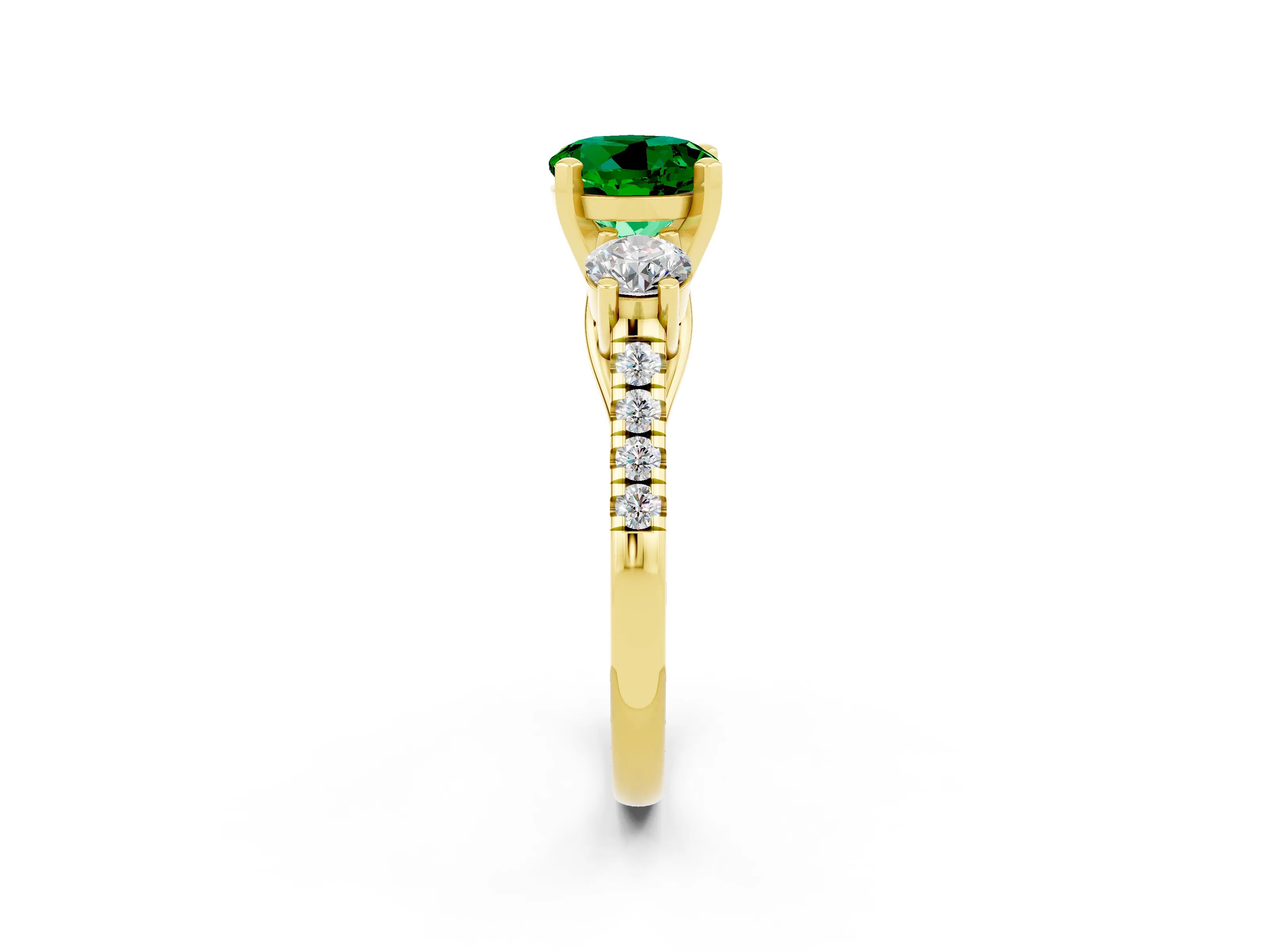 Yellow gold Three-Stone Round Cut Emerald Pavé Band with Four-Prong Setting_2