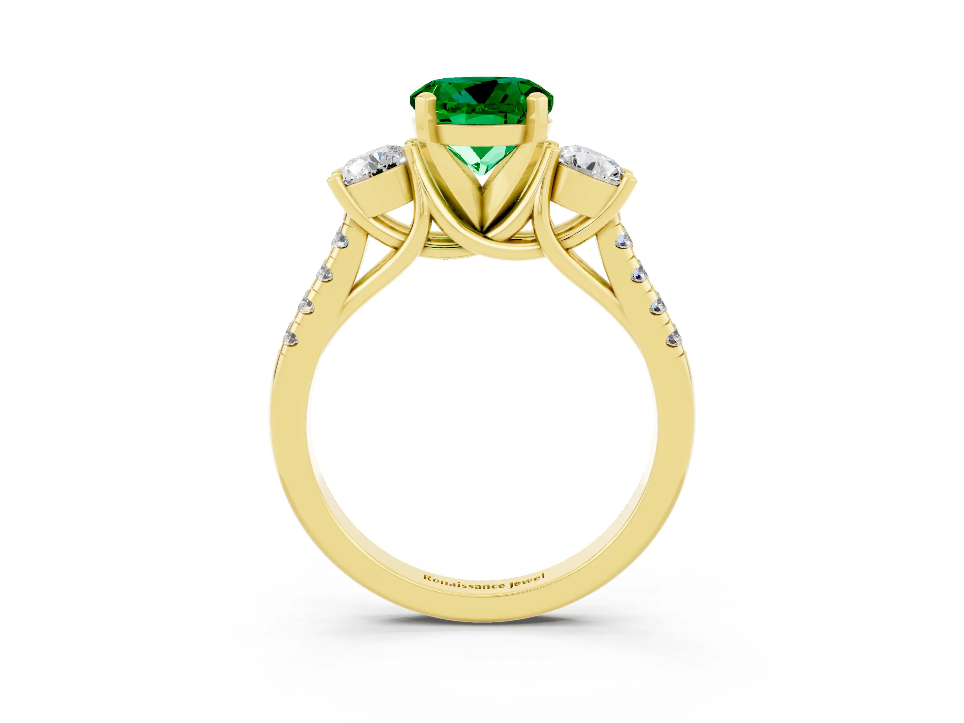 Yellow gold Three-Stone Round Cut Emerald Pavé Band with Four-Prong Setting_3