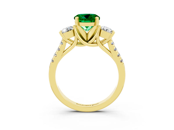 Yellow gold Three-Stone Round Cut Emerald Pavé Band with Four-Prong Setting
